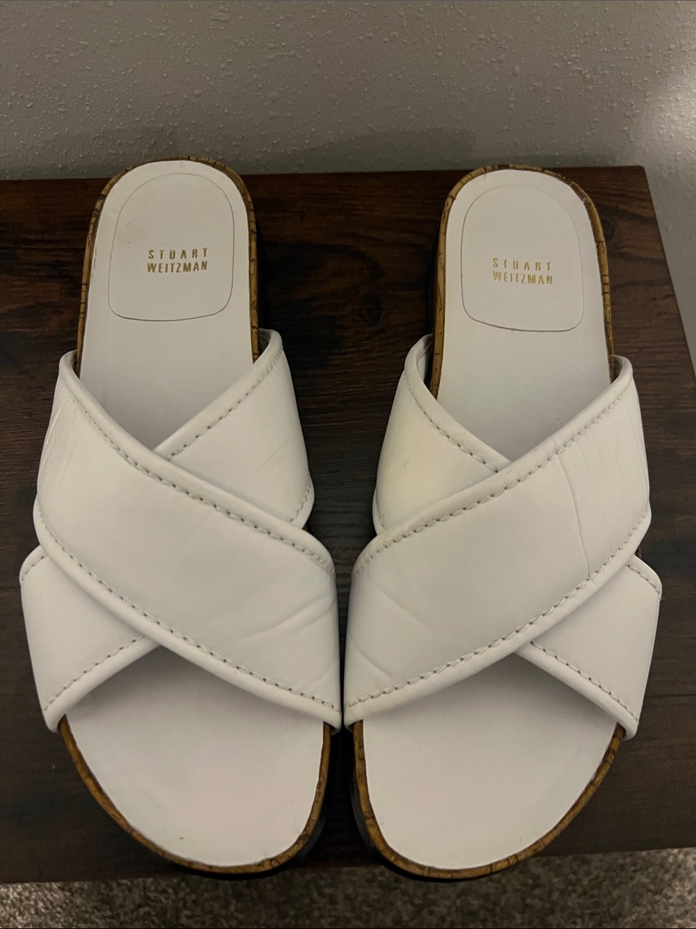 Stuart Weitzman White Cross-Band Slide Mules